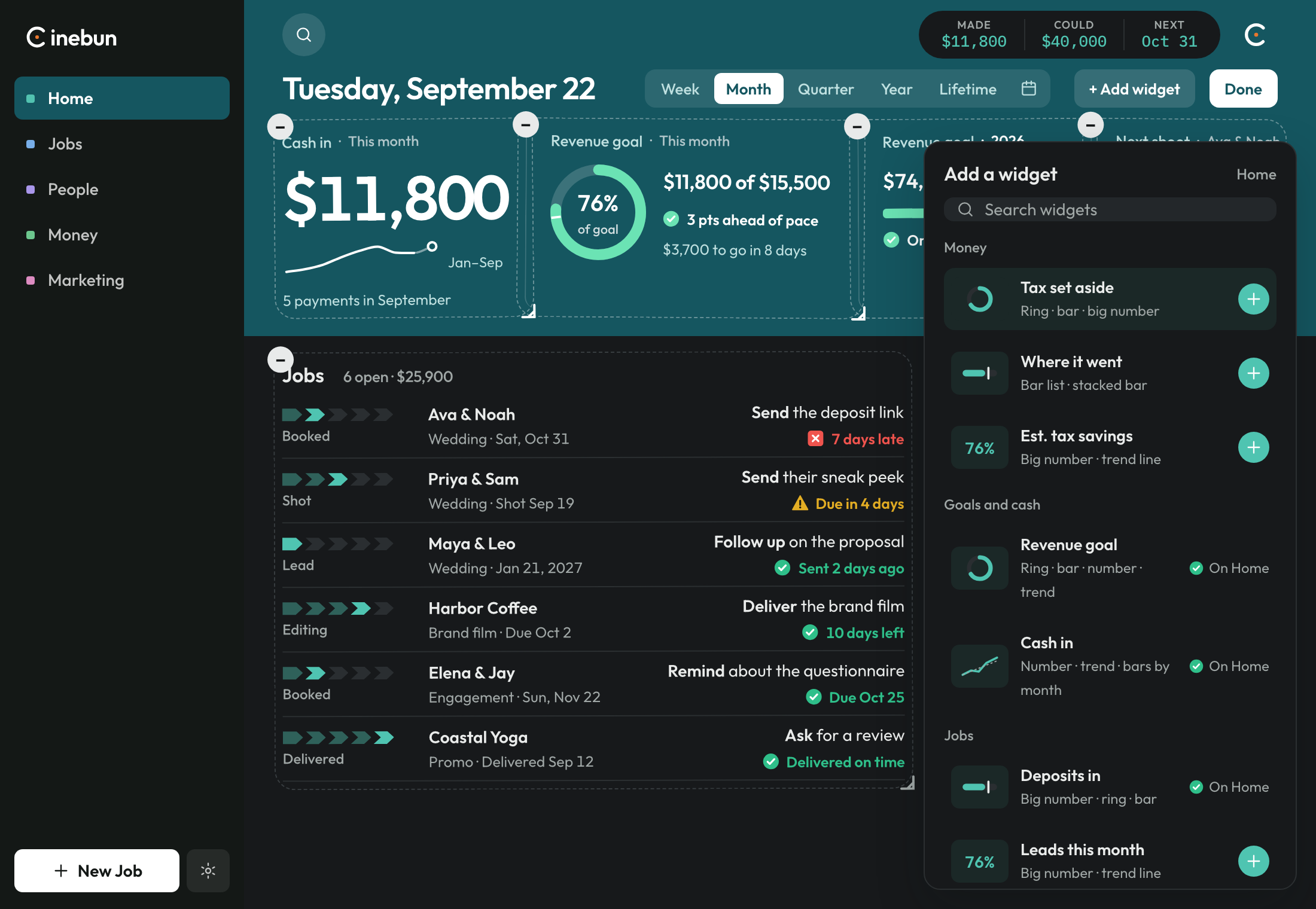 Home in edit mode. Widgets show remove and resize handles, and the Add a widget sheet is open.